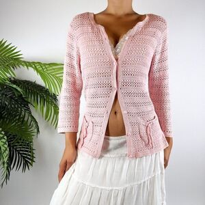 Vintage Y2K Pink Cozy Coquette Cottagecore Grandma Crochet Cardigan / Size: S